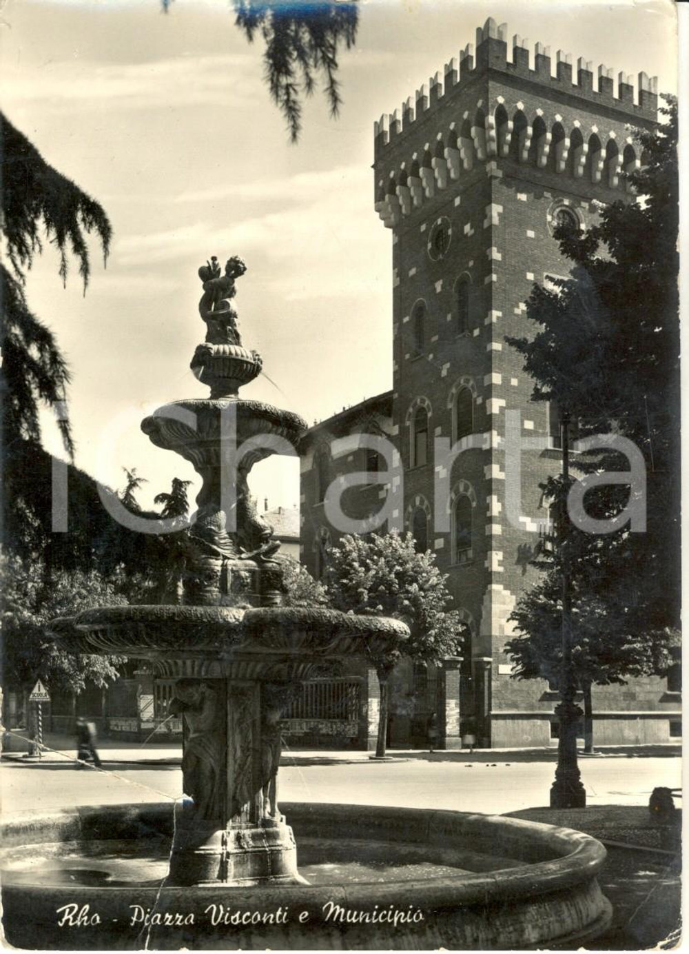 Cartolina originale da collezione 1959 RHO (MI) Veduta di PIAZZA VISCONTI con il Municipio *Cartolina FG VG 1