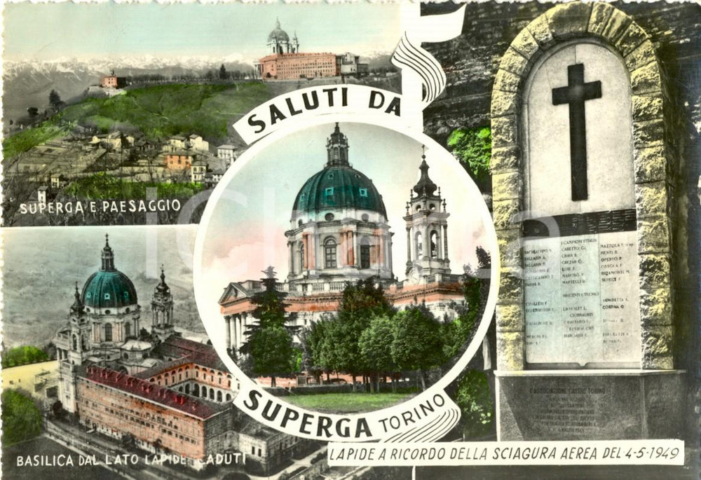 Cartolina originale da collezione 1956 TORINO Vedutine di SUPERGA e Lapide della sciagura aerea *Cartolina FG VG 1