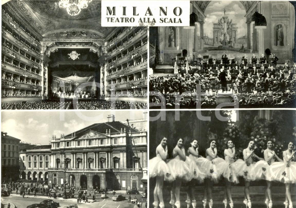 Cartolina originale da collezione 1958 MILANO Vedutine del TEATRO ALLA SCALA con balletto e orchestra *FG VG 1