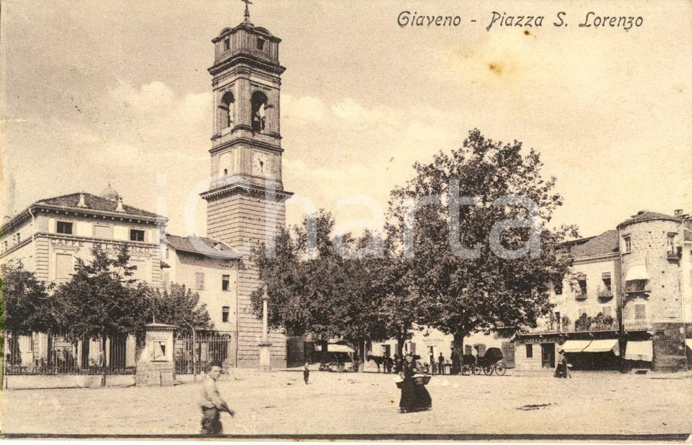 Cartolina originale da collezione 1908 GIAVENO TO Piazza SAN LORENZO con CAFFE  ROMA Cartolina ANIMATA FP VG 1