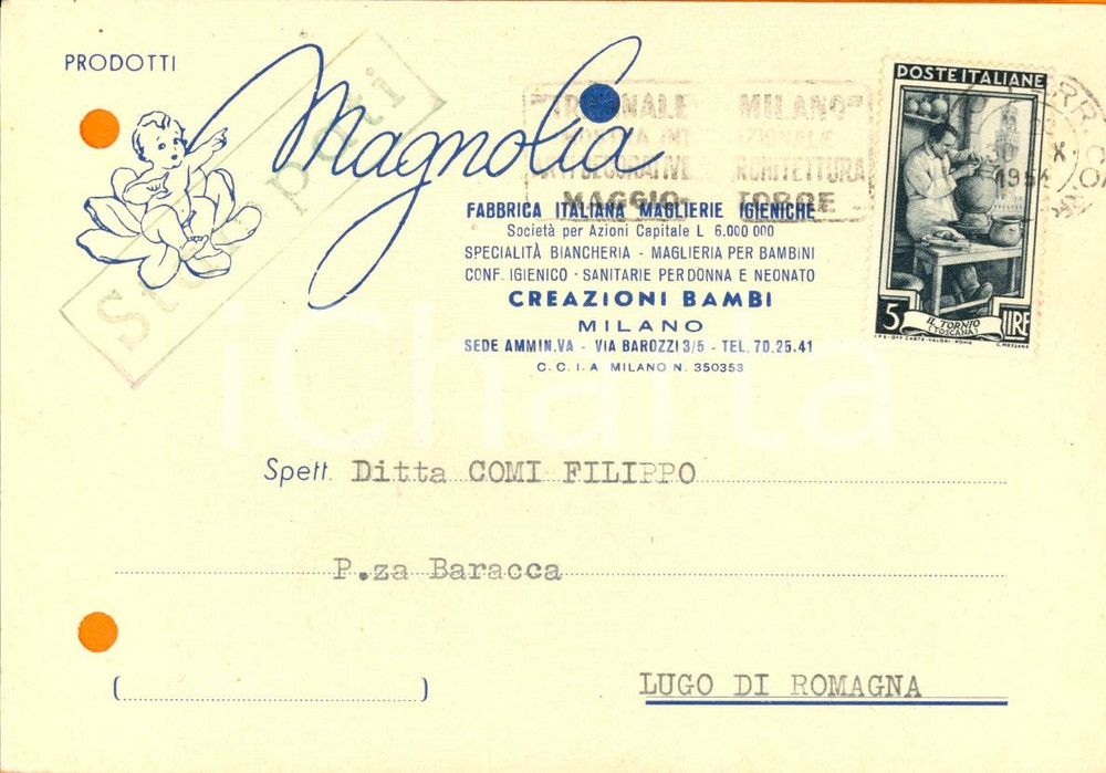 Cartolina originale da collezione 1951 MILANO Via Barozzi 3/5 MAGNOLIA Fabbrica maglierie igieniche Cartolina 1