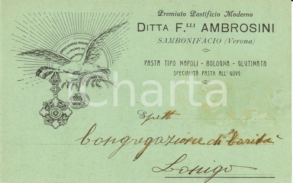 Cartolina originale da collezione 1926 SAN BONIFACIO VR Ditta fratelli AMBROSINI Pastificio Cartolina INTESTATA 1