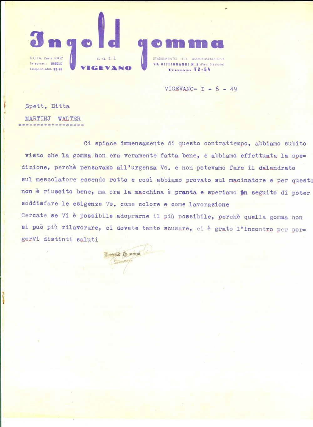 Documento originale, autentico 1949 VIGEVANO PV Ditta INGOLD GOMMA si scusa per una fornitura sbagliata 1