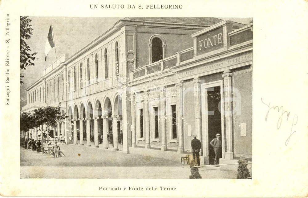 Cartolina originale da collezione 1905 SAN PELLEGRINO TERME (BG) Porticati e Fonte delle Terme *Cartolina ANIMATA 1