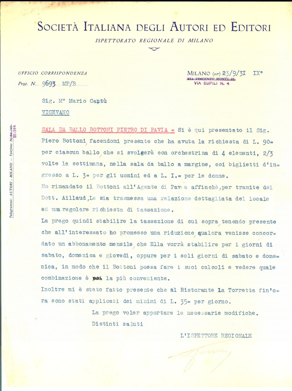 Documento originale, autentico 1931 PAVIA SIAE Serata presso la sala da ballo di Pietro BOTTONI Lettera 1