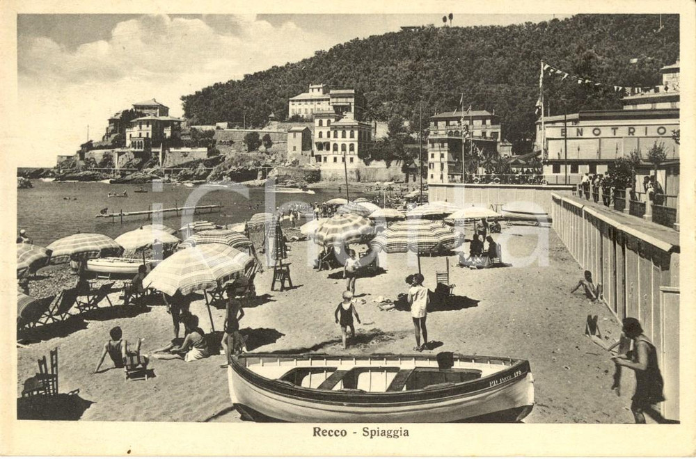 Cartolina originale da collezione 1938 RECCO GE Veduta della spiaggia e dei bagni ENOTRIO ANIMATA FP VG 1
