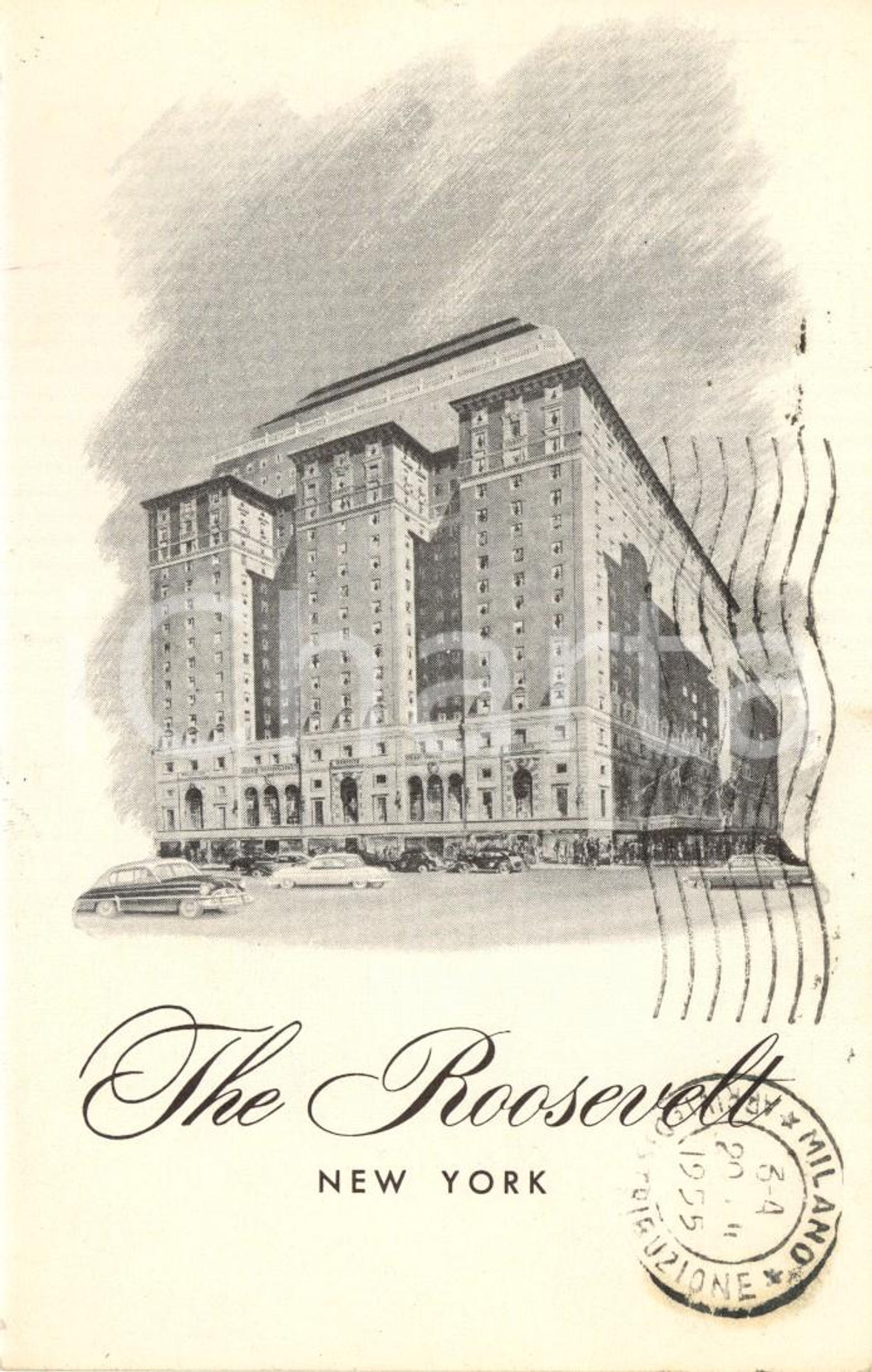 Cartolina originale da collezione 1955 NEW YORK USA Facciata dell Hotel ROOSEVELT Cartolina ANIMATA FP VG 1