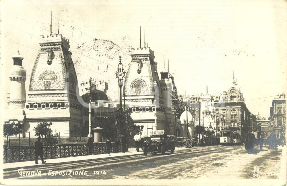Cartolina originale da collezione 1914 GENOVA Esposizione universale Cartolina ANIMATA con tram e carrozze FP VG 1