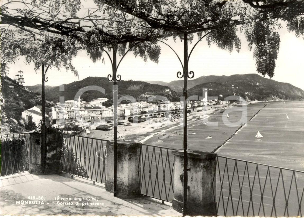 Cartolina originale da collezione 1955 MONEGLIA GE La spiaggia vista da pergolato con glicine Cartolina FG VG 1