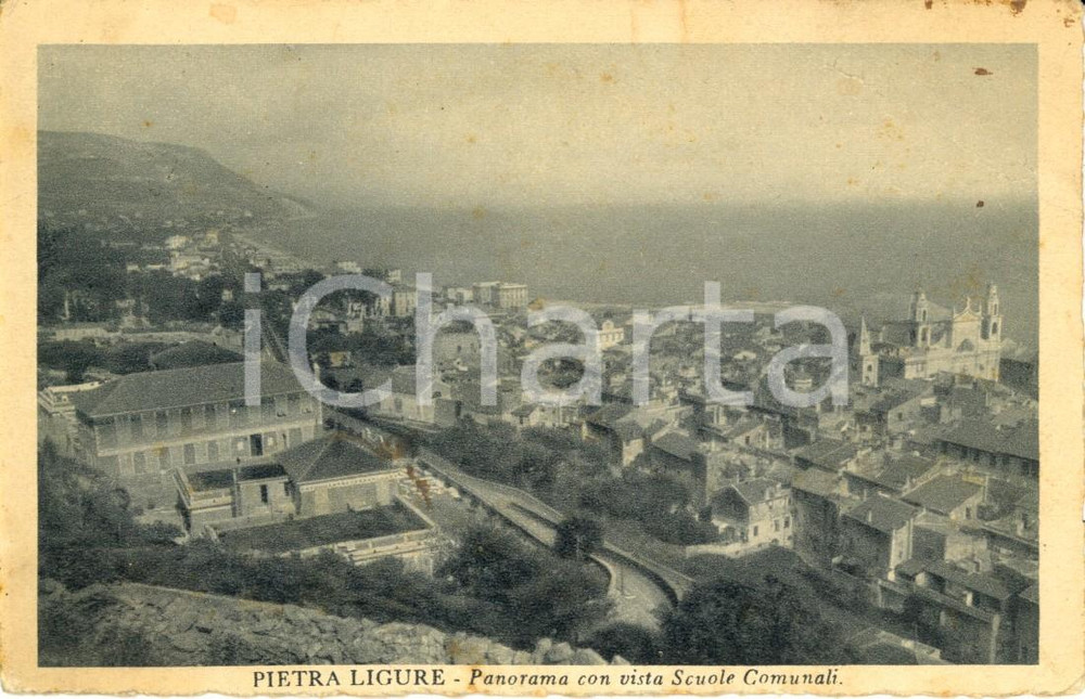 Cartolina originale da collezione 1930 ca PIETRA LIGURE SV Panorama con vista scuole comunali DANNEGGIATA FP VG 1