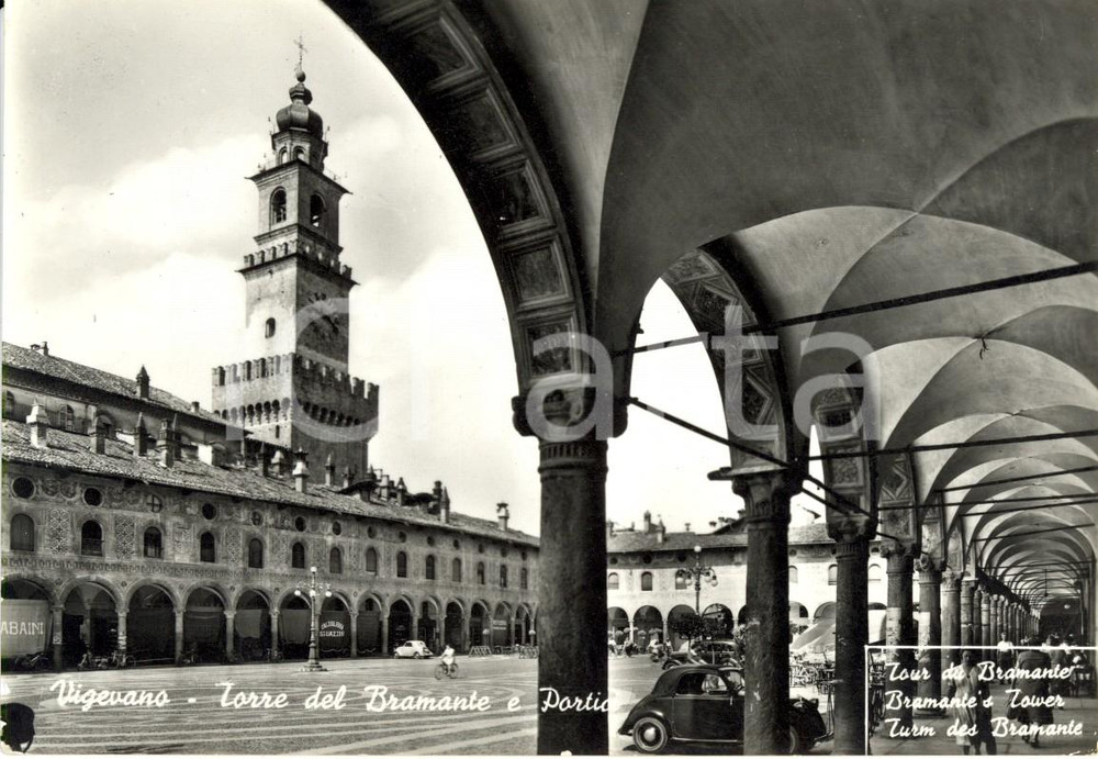 Cartolina originale da collezione 1960 ca VIGEVANO (PV) Torre BRAMANTE e piazza DUCALE - Calzoleria SGUAZZINI 1