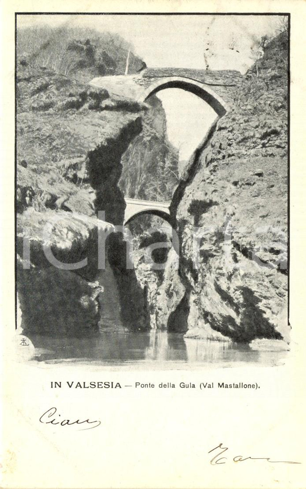 Cartolina originale da collezione 1908 VARALLO (VC) VALSESIA Il ponte della GULA sul torrente MASTALLONE *FP VG 1