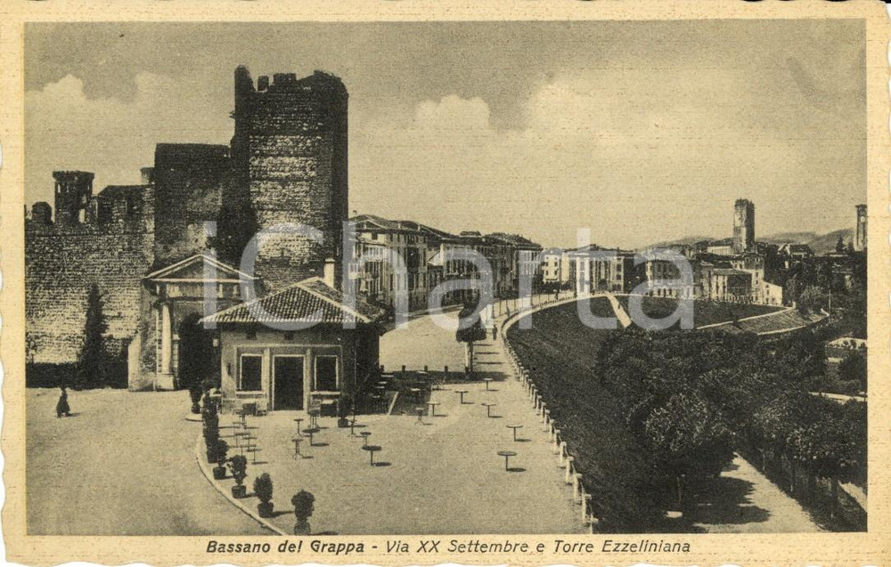 Cartolina originale da collezione 1930 ca BASSANO DEL GRAPPA VI Via XX SETTEMBRE e la Torre EZZELINIANA FP NV 1