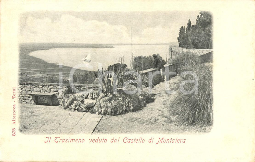 Cartolina originale da collezione 1905 ca PANICALE PG Veduta lago TRASIMENO dal castello di MONTALERA Animata 1