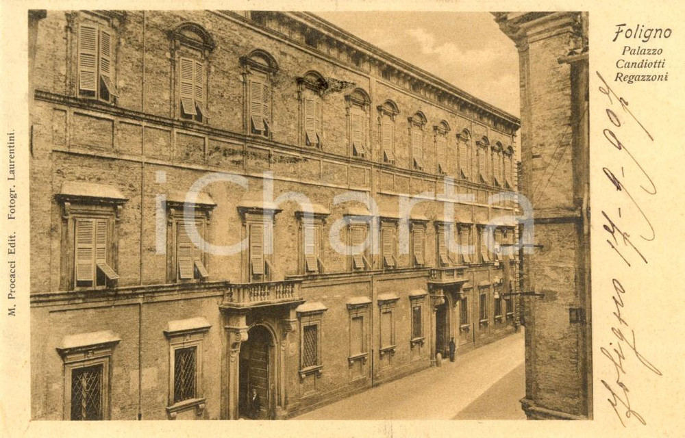 Cartolina originale da collezione 1907 FOLIGNO (PG) Veduta di Palazzo CANDIOTTI REGAZZONI *Cartolina ANIMATA FP VG 1
