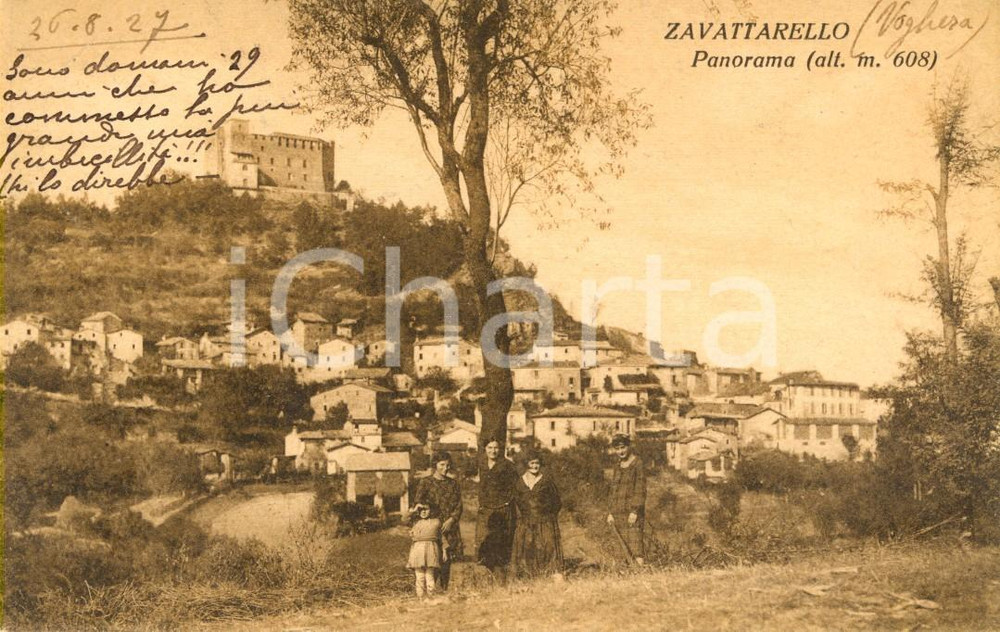 Cartolina originale da collezione 1927 ZAVATTARELLO (PV) Panorama paese e castello DAL VERME *Animata FP VG 1