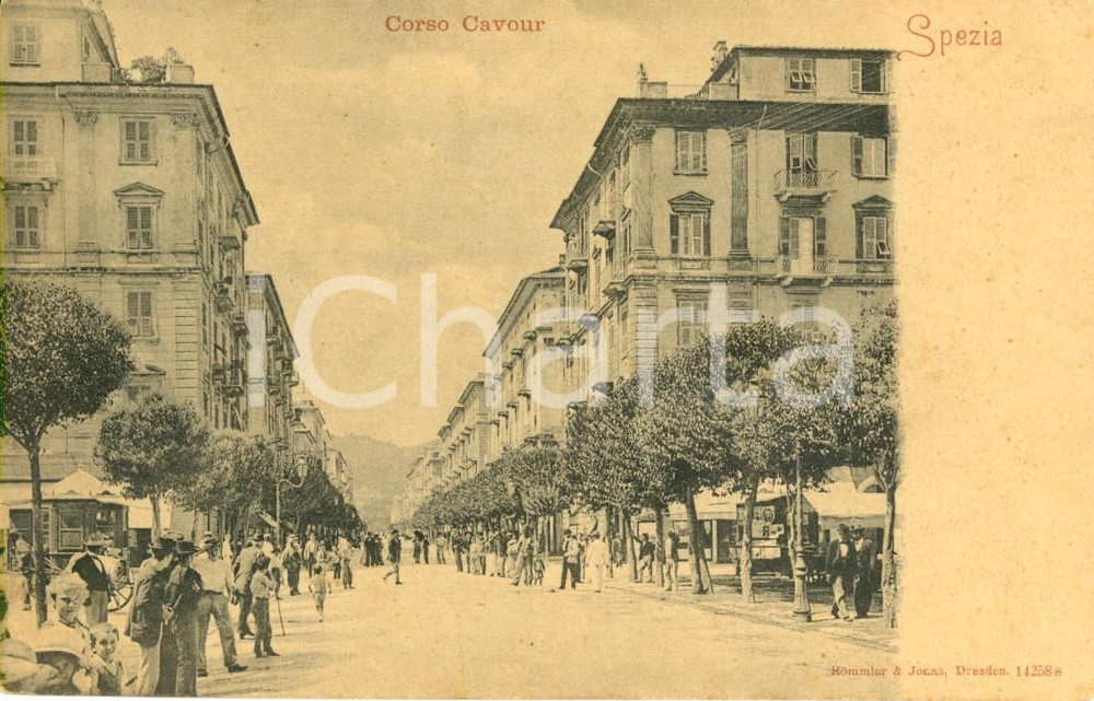 Cartolina originale da collezione 1902 LA SPEZIA Passanti in Corso CAVOUR *Cartolina ANIMATA FP VG 1