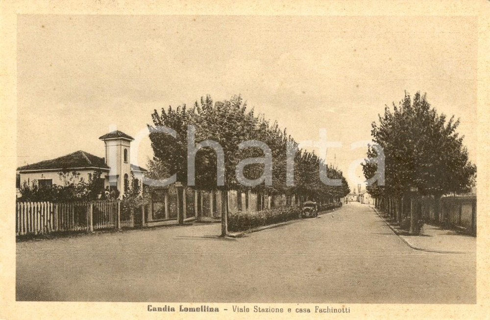 Cartolina originale da collezione 1930 ca CANDIA LOMELLINA Viale della STAZIONE e casa FACHINOTTI *Animata auto 1