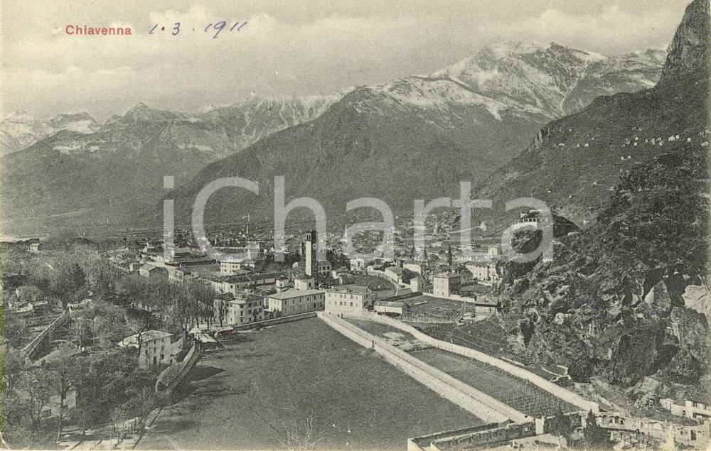 Cartolina originale da collezione 1911 CHIAVENNA (SO) Veduta del paese e della vallata *Cartolina postale FP NV 1