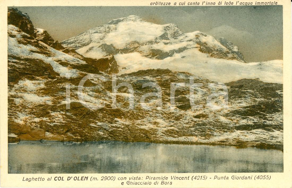 Cartolina originale da collezione 1935 ca COL D'OLEN (VC) Lago con PIRAMIDE VINCENT Punta GIORDANI e BORS *FP NV 1