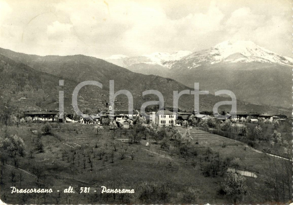 Cartolina originale da collezione 1957 PRASCORSANO (TO) Panorama del paese e delle montagne *Cartolina FG VG 1