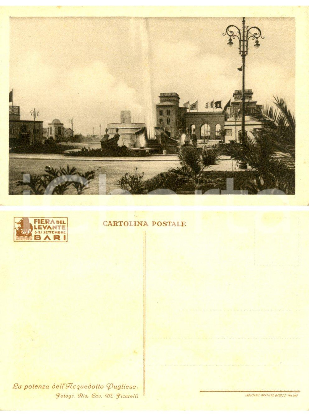 Cartolina originale da collezione 1930 ca BARI FIERA LEVANTE La potenza dell'acquedotto pugliese *Cartolina FP NV 1