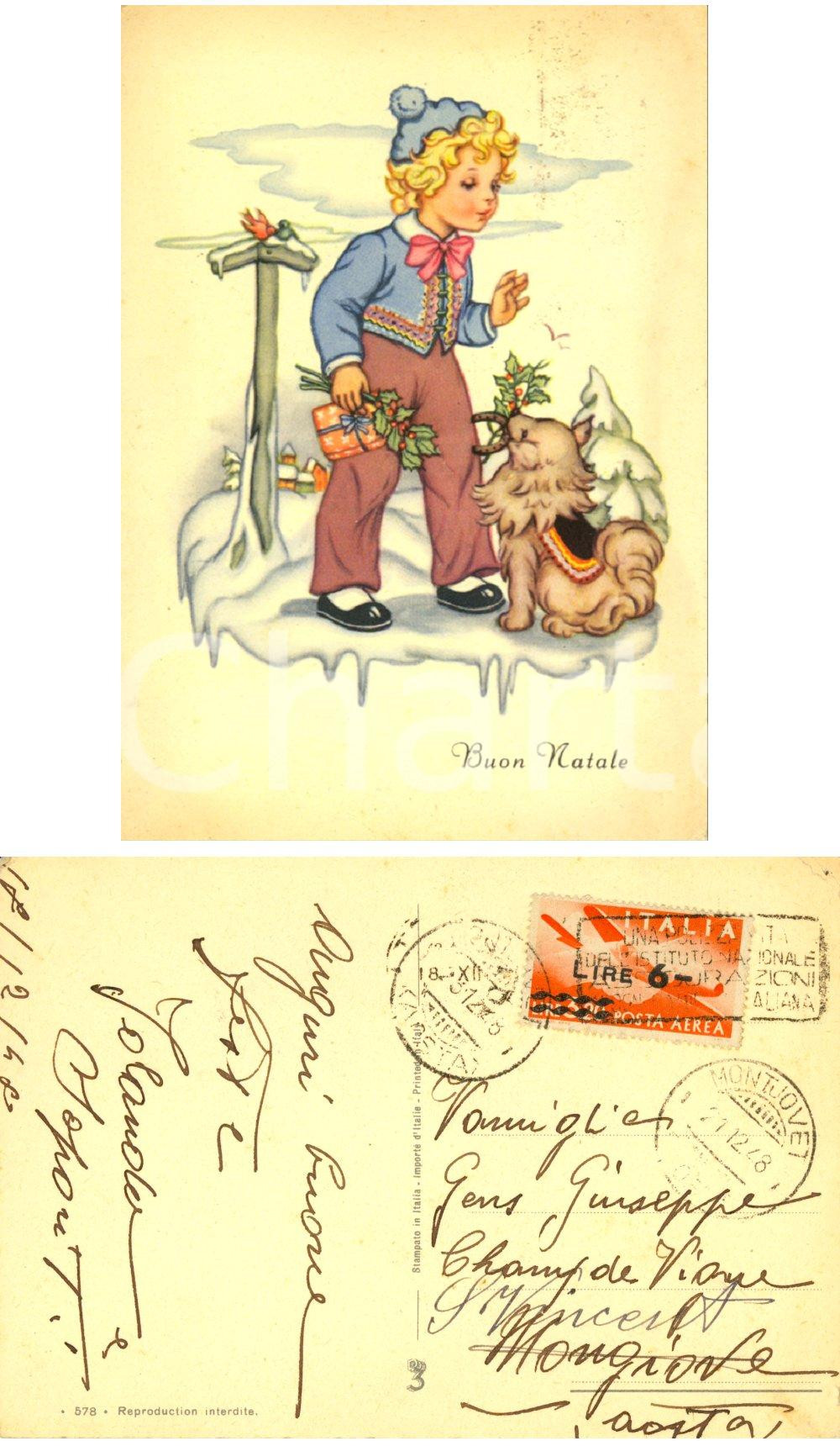 Cartolina originale da collezione 1948 Cartolina BUON NATALE bimbo con cane *Posta Aerea sovrastampato Lire 6 1