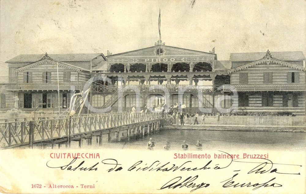 Cartolina originale da collezione 1902 CIVITAVECCHIA ROMA Stabilimento balneare PIRGO già  BRUZZESI Animata VG 1