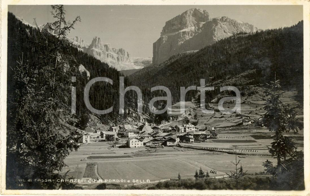Cartolina originale da collezione 1927 CANAZEI TN Val di FASSA Veduta paese con cime PORDOI e SELLA FP VG 1