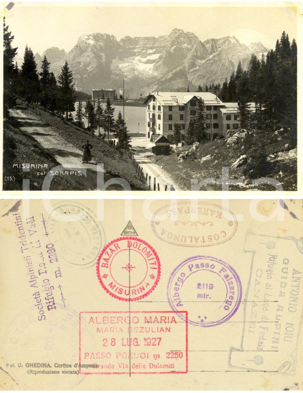 Cartolina originale da collezione 1927 MISURINA (BL) Veduta lago con Albergo VECELLIO e Gruppo SORAPISS *Animata 1