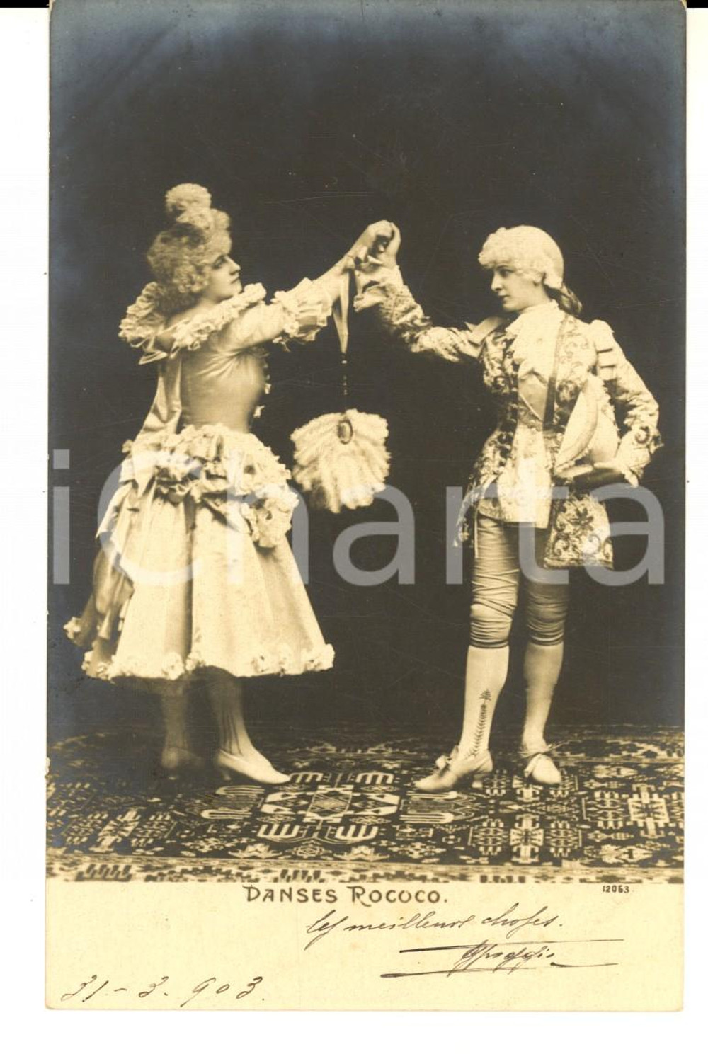 Cartolina originale da collezione 1903 COSTUMI Danze rococÃ² con ventaglio *Cartolina postale VINTAGE FP VG 1
