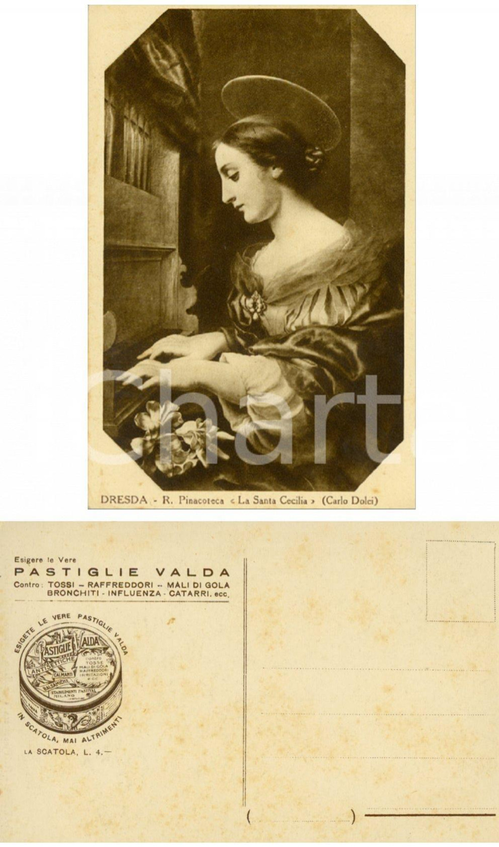 Cartolina originale da collezione 1930 ca DRESDA Regia Pinacoteca e Santa Cecilia *Cartolina Pastiglie VALDA 1