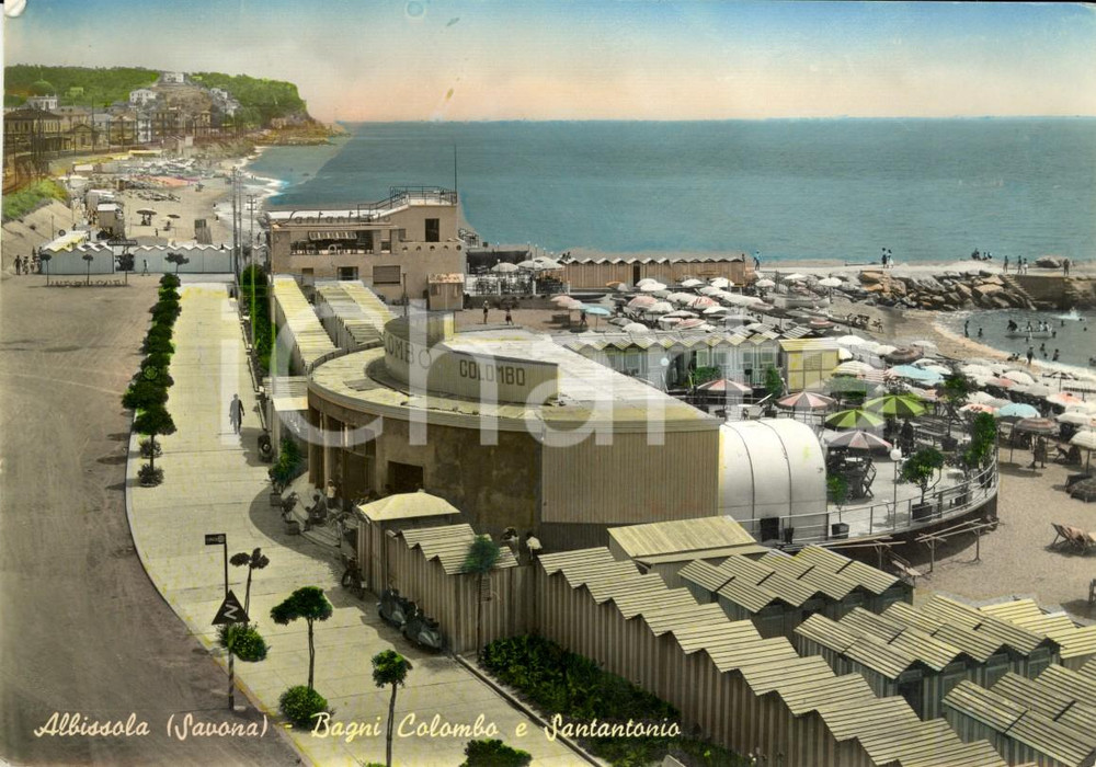 Cartolina originale da collezione 1953 ALBISSOLA MARINA (SV) Veduta Bagni COLOMBO e SANT'ANTONIO *Animata FG VG 1