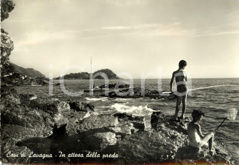 Cartolina originale da collezione 1959 CAVI DI LAVAGNA GE Bambini sugli scogli in attesa della preda ANIMATA VG 1