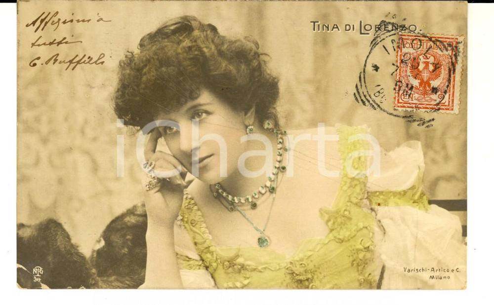 Cartolina originale da collezione 1903 TEATRO Tina DI LORENZO Ritratto in abito verde Cartolina DANNEGGIATA 1