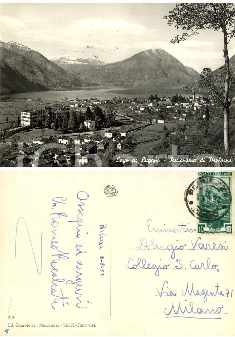 Autografo originale 1952 PORLEZZA CO Panorama con lago di Lugano Autografo don Romeo RECALCATI 1