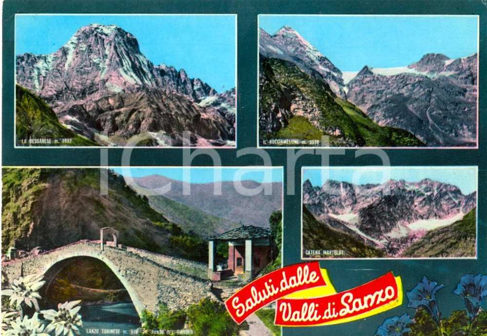 Cartolina originale da collezione 1966 LANZO TORINESE TO Vedutine del ponte del DIAVOLO e dei monti FG VG 1
