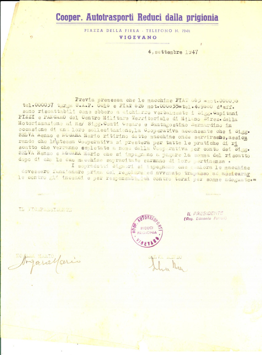 Documento originale, autentico 1947 VIGEVANO Cooperativa Autotrasporti Reduci dalla Prigionia su riscatto FIAT 1