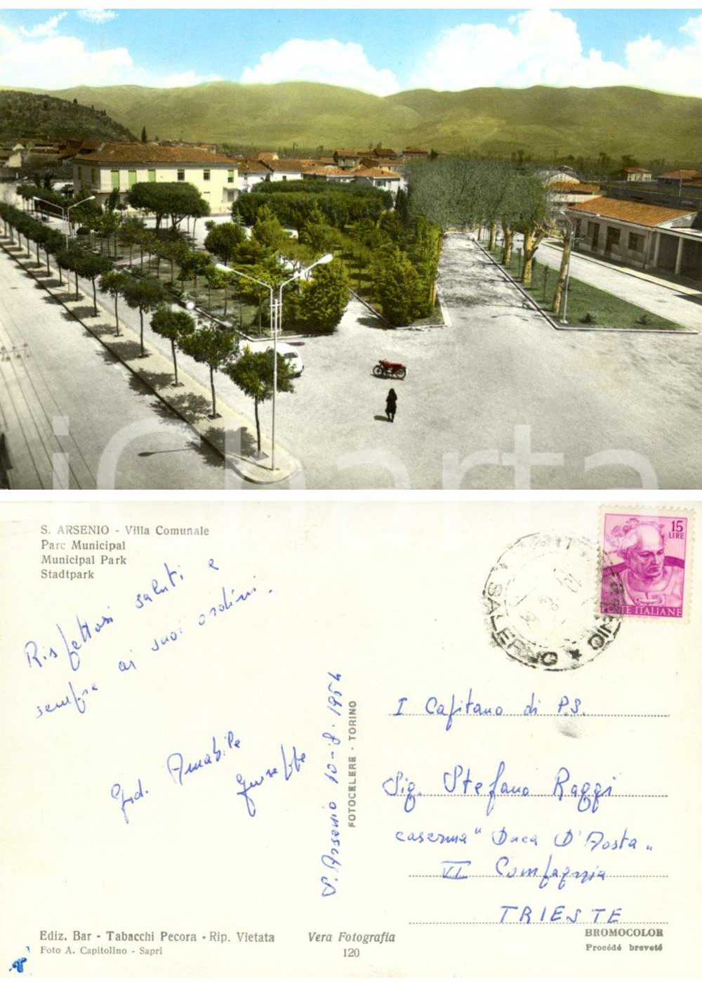 Autografo originale 1954 SANT'ARSENIO (SA) Villa Comunale *Cartolina autografo Giuseppe AMABILE FG 1