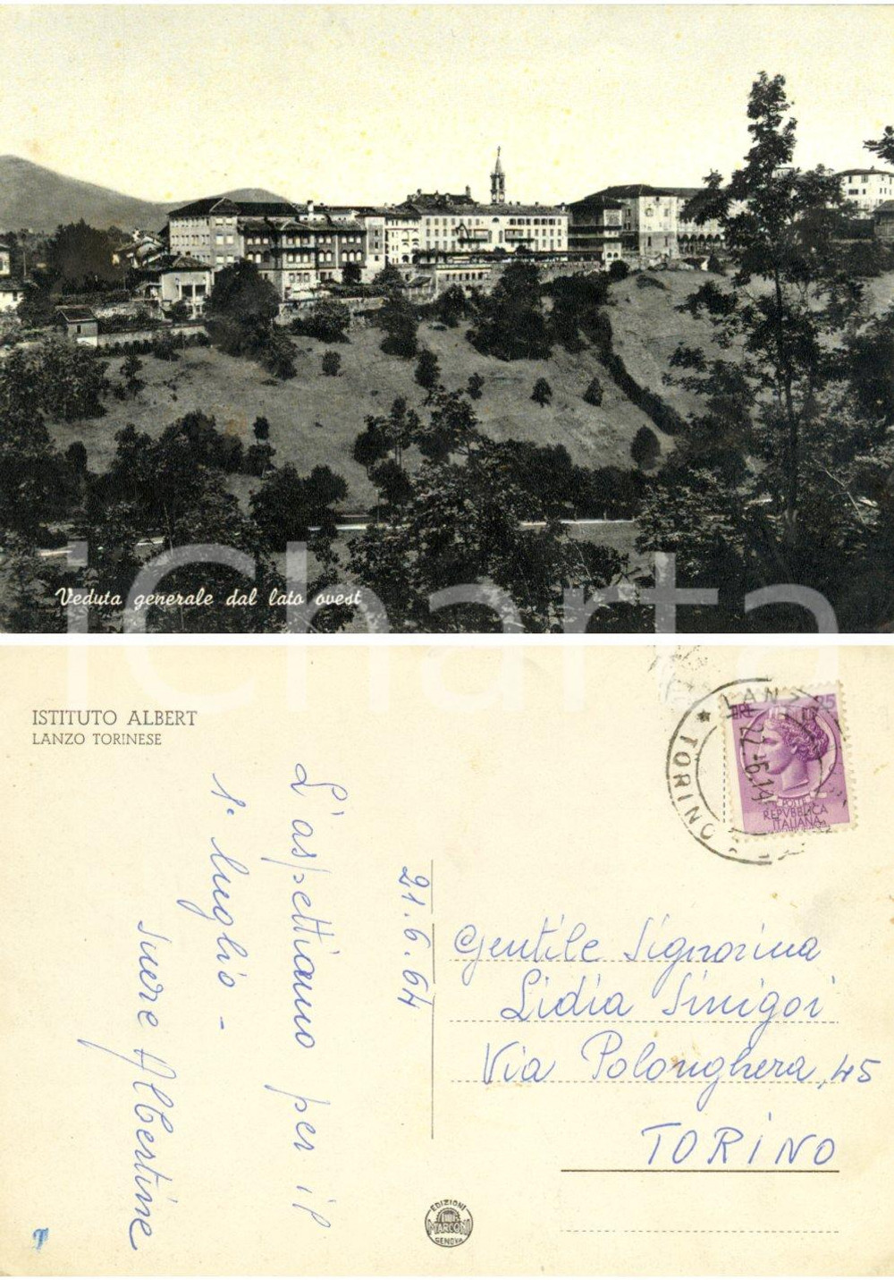 Cartolina originale da collezione 1964 LANZO TORINESE Veduta ISTITUTO ALBERT *Cartolina suore albertine FG VG 1