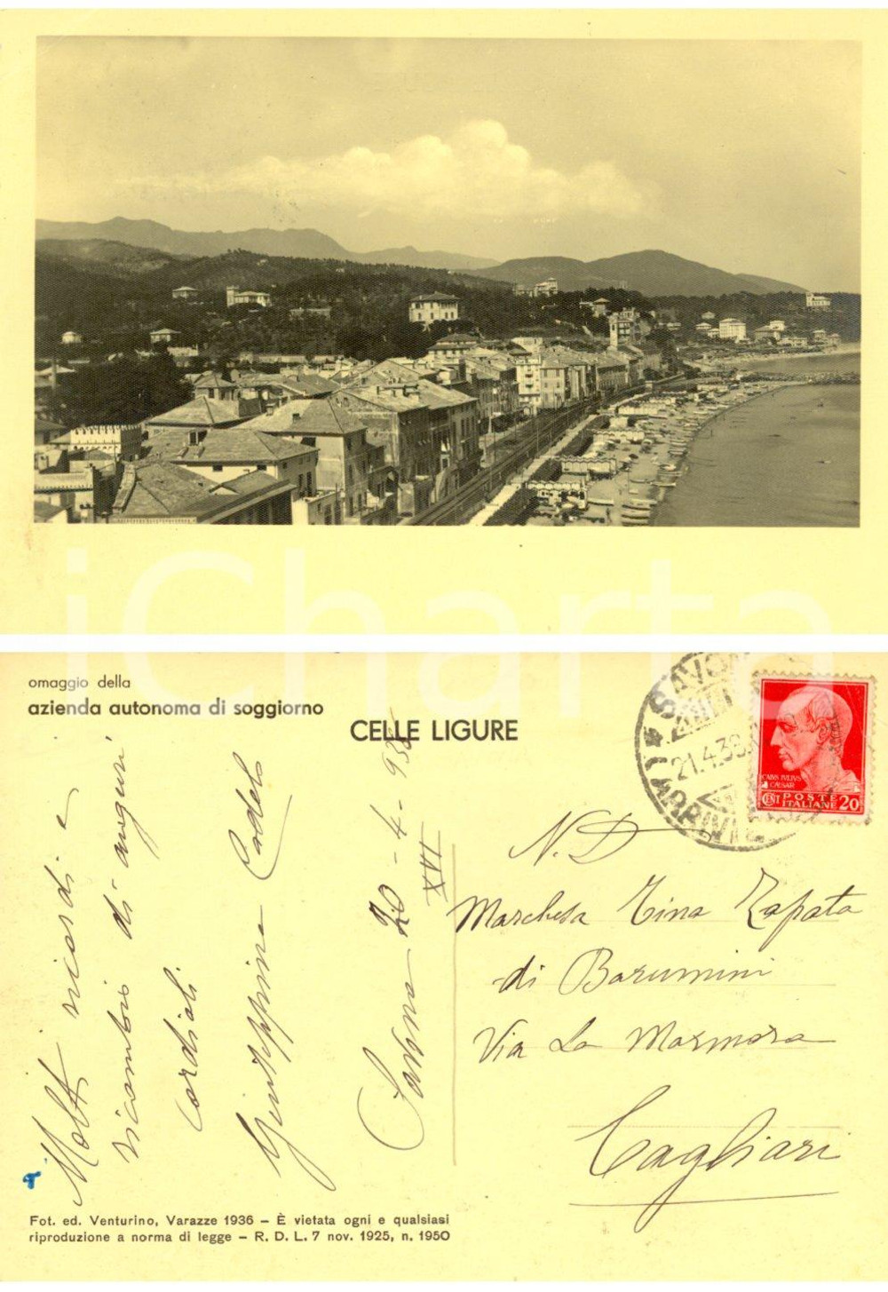 Autografo originale 1938 CELLE LIGURE (SV) Veduta panoramica *Giuseppina CADELO a Tina ZAPATA FG VG 1