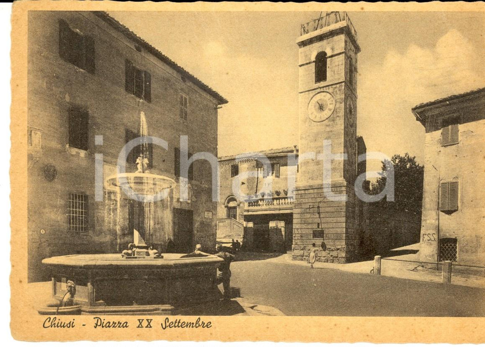 Cartolina originale da collezione 1950 ca CHIUSI SI Piazza XX Settembre Cartolina postale animata FG NV 1