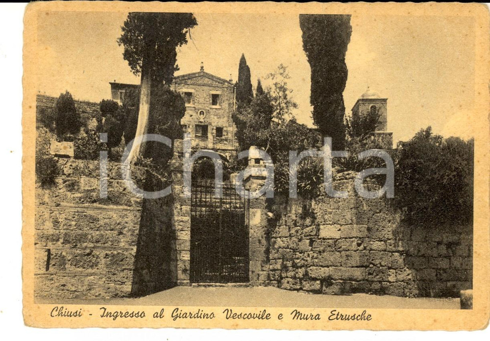 Cartolina originale da collezione 1950 ca CHIUSI (SI) Ingresso al Giardino Vescovile e mura etrusche *Cartolina FG 1