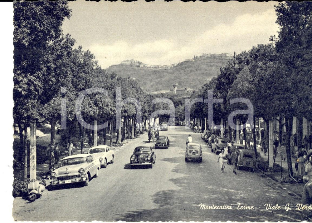 Cartolina originale da collezione 1962 MONTECATINI TERME Viale Giuseppe Verdi  *Cartolina animata con FIAT 500 FG 1