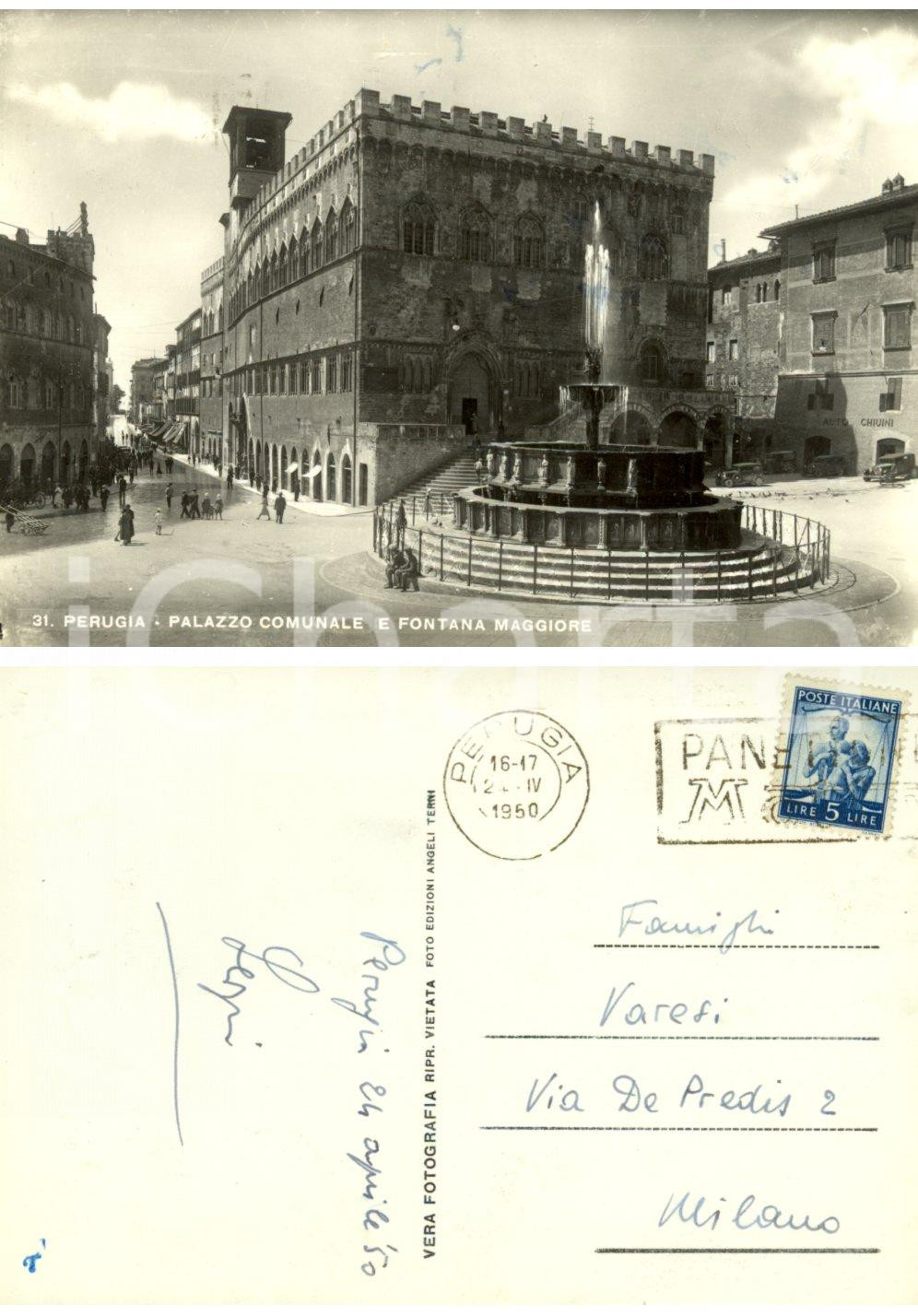 Autografo originale 1950 PERUGIA Palazzo Comunale e fontana *Autografo mons. Sergio VARESI FG VG 1
