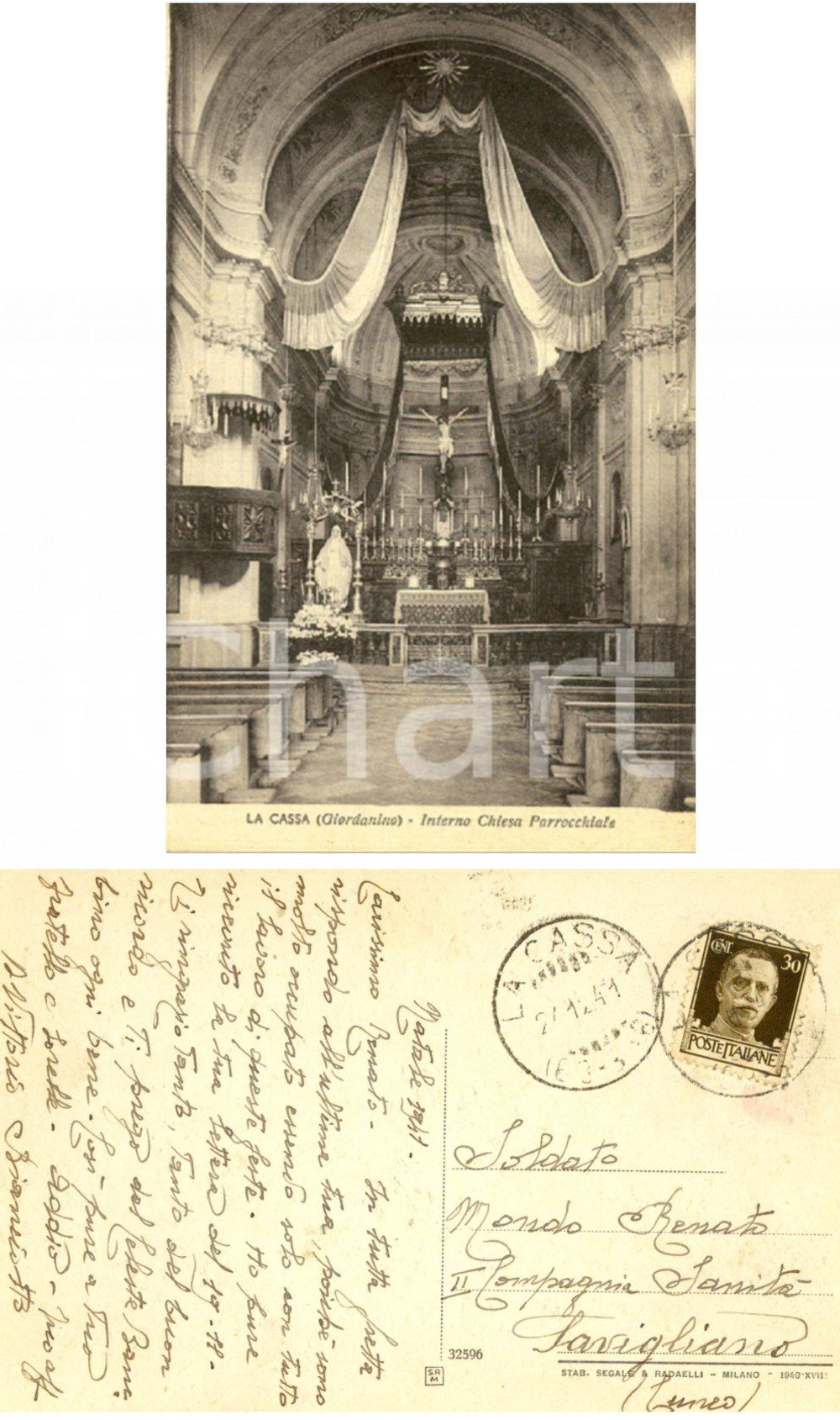 Autografo originale 1941 LA CASSA (TO) Chiesa parrocchiale *Cartolina don Vittorio BIANCIOTTO FP VG 1