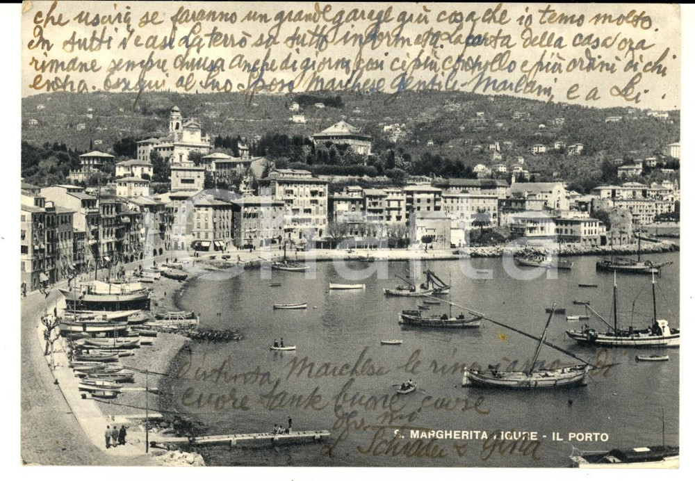 Cartolina originale da collezione 1953 SANTA MARGHERITA LIGURE Il porto Cartolina a Cecilia GENTILE MORLANI 1