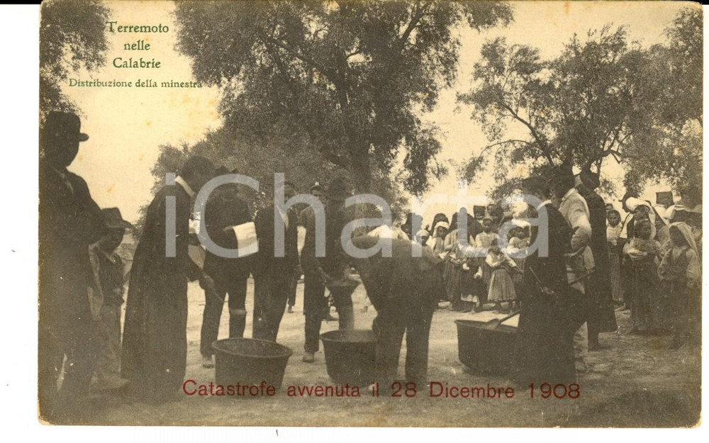 Cartolina originale da collezione 1908 TERREMOTO REGGIO CALABRIA Distribuzione della minestra Cartolina ANIMATA 1