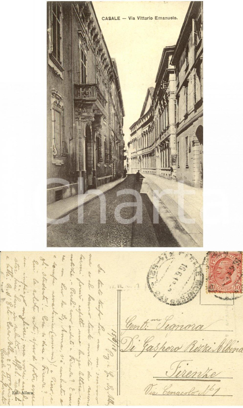 Cartolina originale da collezione 1918 CASALE MONFERRATO (AL) Via Vittorio Emanuele *Cartolina R. D'ESTE Autografo 1