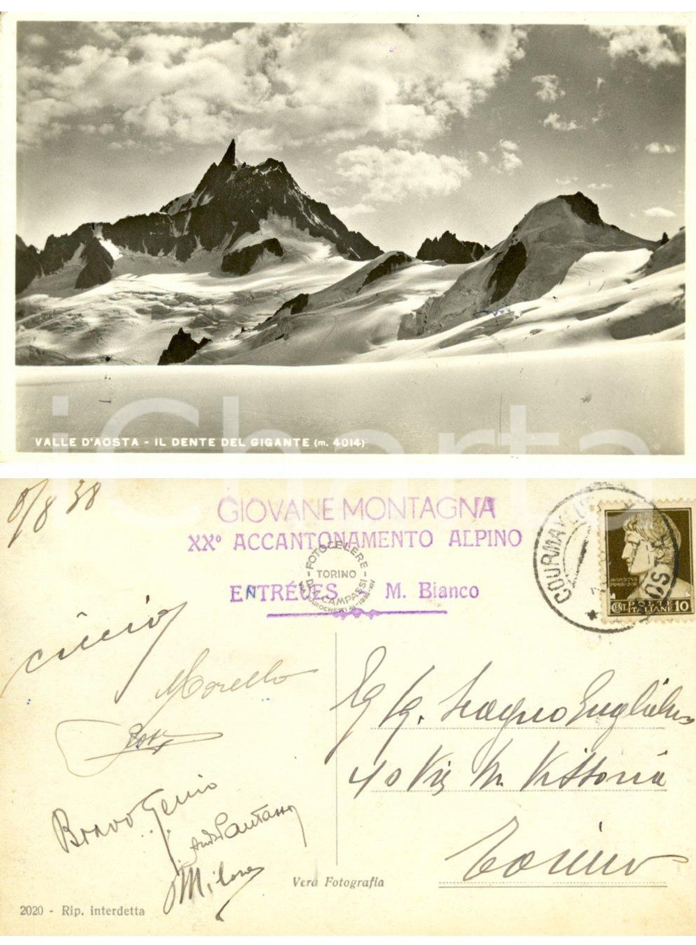 Cartolina originale da collezione 1938 COURMAYEUR (AO) Dente del Gigante *Cartolina a Guglielmo SCAGNO FP VG 1